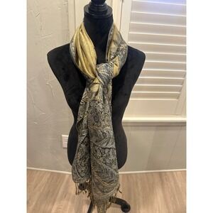 Luxurious Pashmina Silk Blend Scarf Gold Blue Paisley Tassel Fringe 26x72 winter